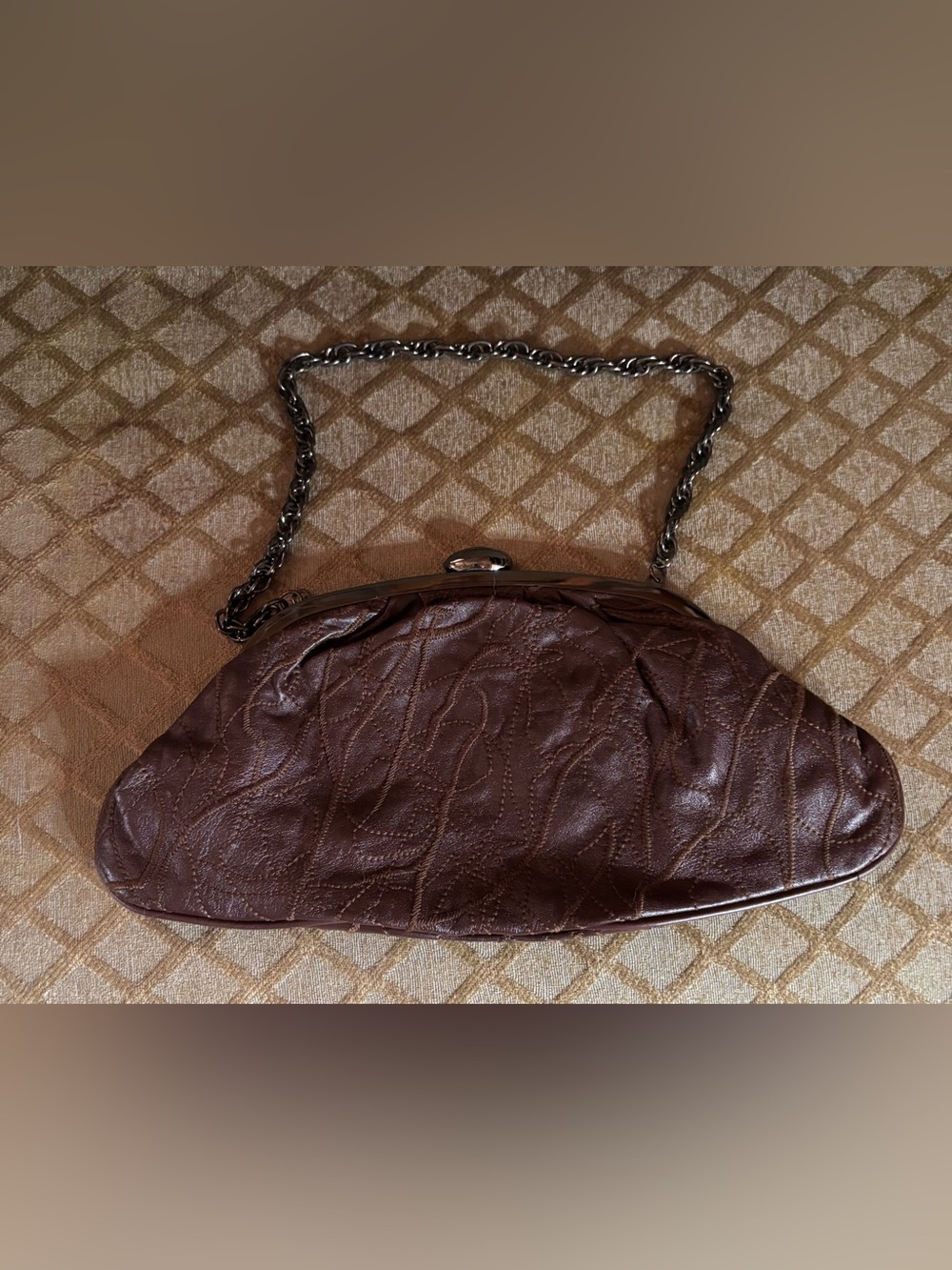 inge Patchwork Brown Leather Metal Frame Clutch/Shoulder Bag Dome Shape 7” x 13”